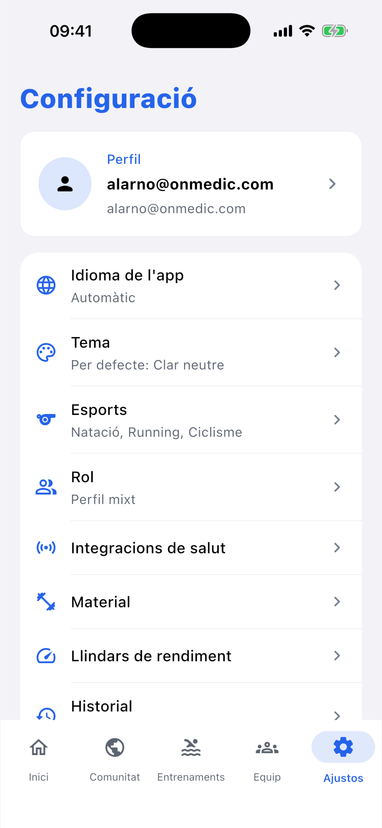 Pantalla d'ajustos de Paceva