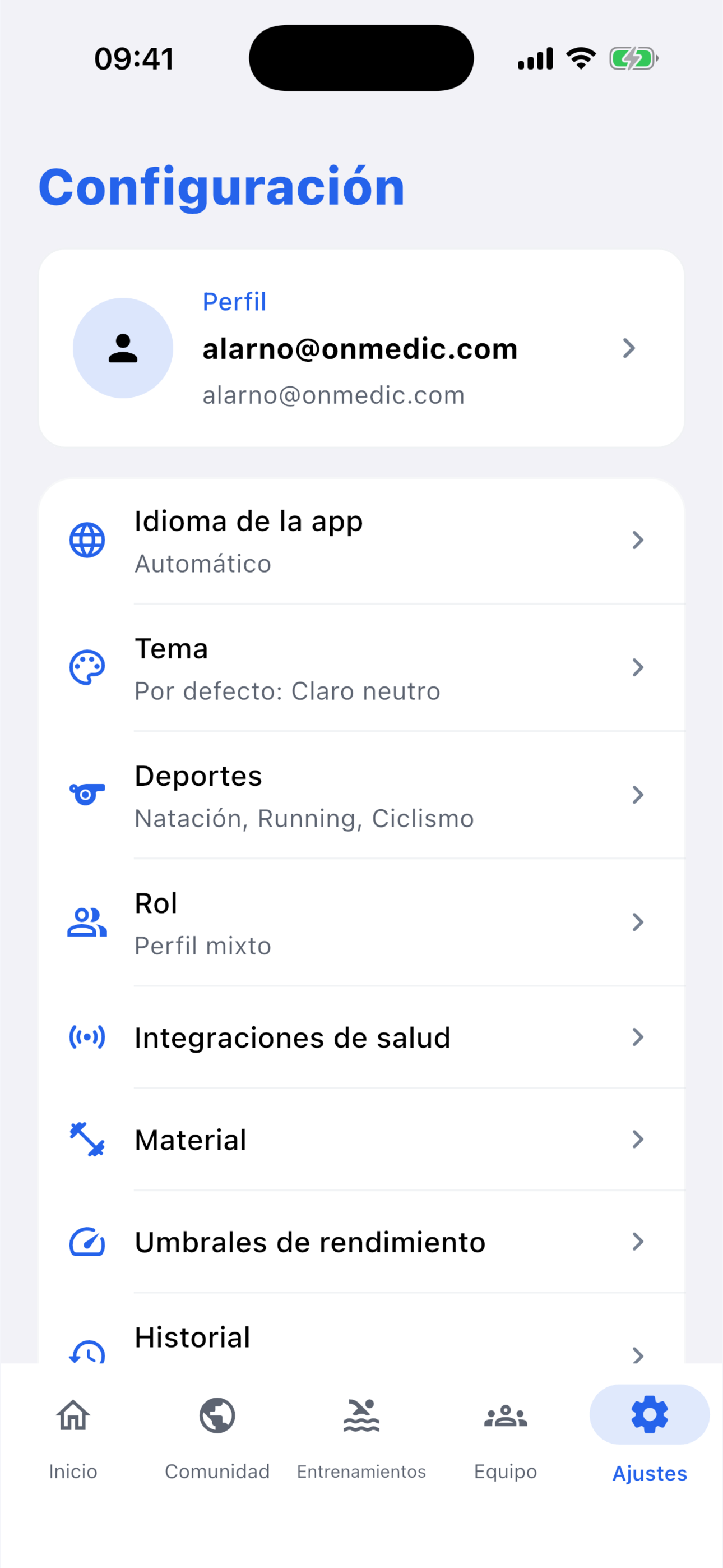 Pantalla de ajustes de Paceva