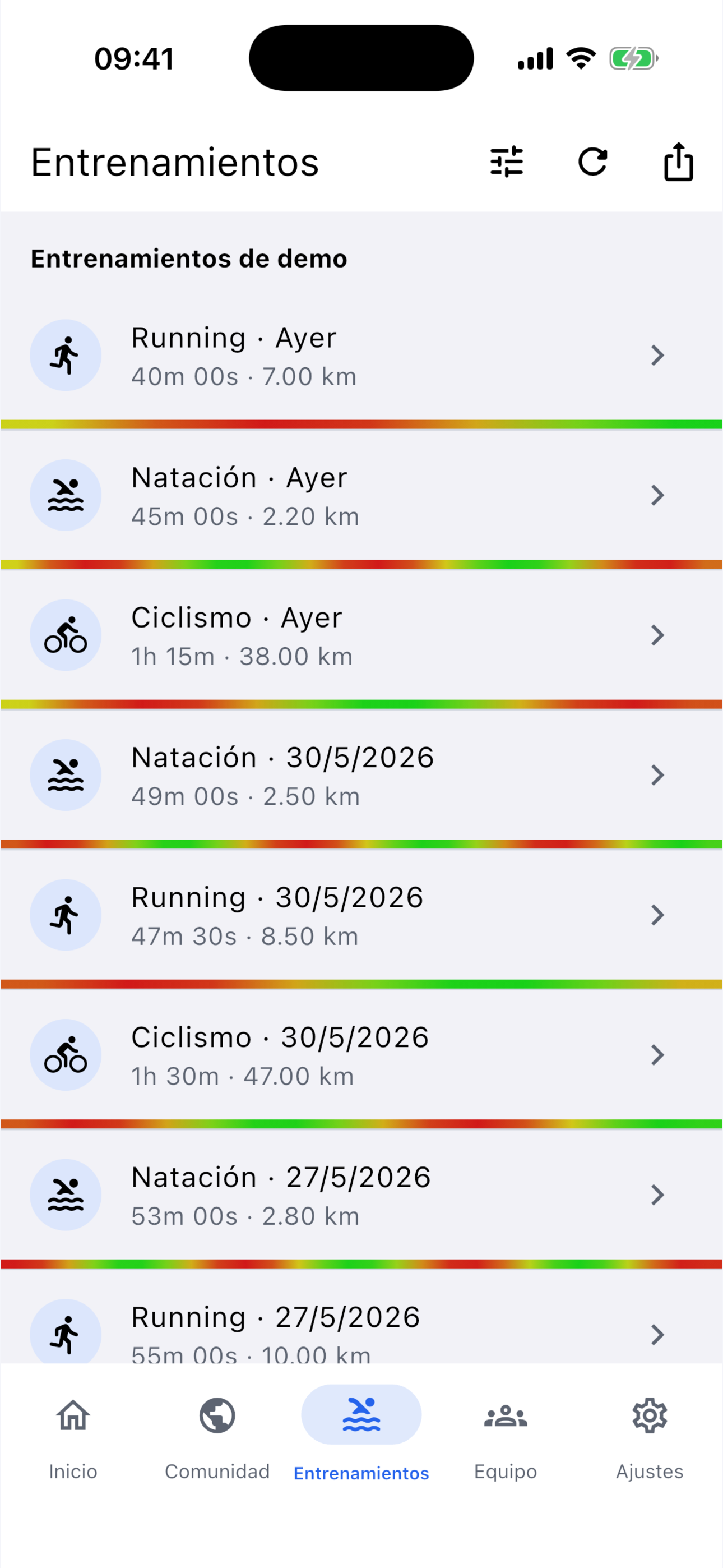 Pantalla de biblioteca de entrenamientos de Paceva